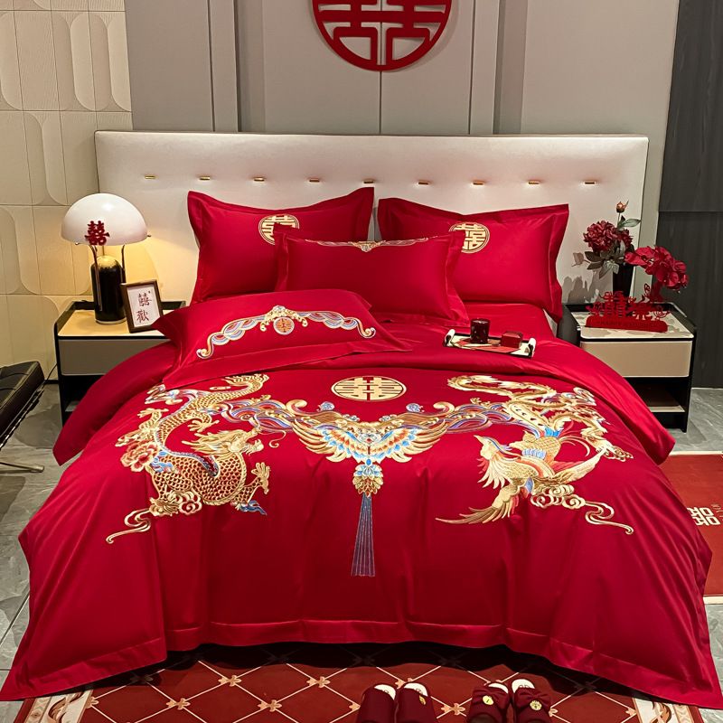 Chinese Style Four-Piece Set All-Cotton Pure Cotton Bed Sheet Quilt Cover Wedding Bedding Embroidered Festive Bride's Dowry_maomaolike.com