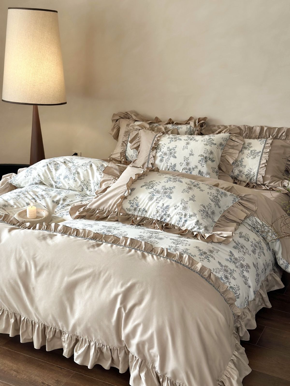 Vintage Style French Four-Piece Set Floral Print Pure Cotton Ruffled Edge Duvet Cover Bed Sheet 1.8m Bedding_maomaolike.com
