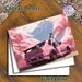 Anime Girl & Pink JDM Car With Cherry Blossom & Mount Fuji Painting Poster, Soft-toned Japanese Anime Style Poster, Charming Scenic Artwork For_maomaolike.com