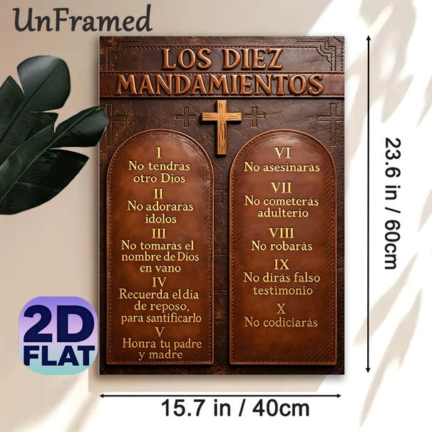 Spanish Ten Commandments Painting Poster, Vintage Leather-textured Poster With Engraved Golden Lettering & Cross, Faith-focused Wall Decor Suitable_maomaolike.com