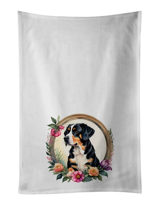Entlebucher Mountain Dog And Flowers Kitchen Towel Set Of 2 White Dish Towels Decorative Bathroom Hand Towel For Hand, Face, Hair, Yoga, Tea, Dishcloth, 19 X 28", White_maomaolike.com