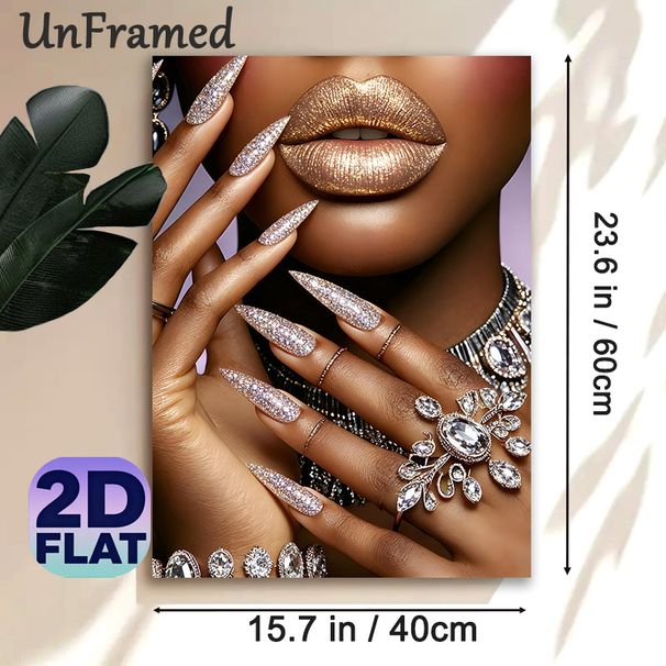 Glittery Glamour Painting Poster, Luxurious Sparkly Lips & Glitter Stiletto Nails With Diamond Jewelry Poster, Eye-catching Glamorous Decor Ideal For_maomaolike.com