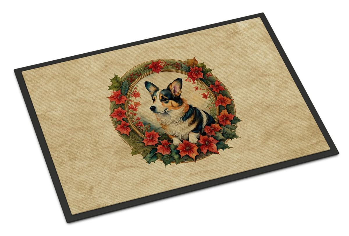 Corgi Christmas Flowers Doormat Front Door Mat Indoor Outdoor Rugs For Entryway, Non Slip Washable Low Pile, 24H X 36W_maomaolike.com