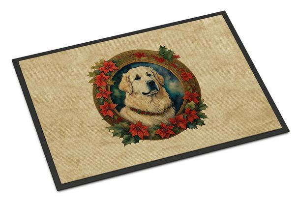 Great Pyrenees Christmas Flowers Doormat Front Door Mat Indoor Outdoor Rugs For Entryway, Non Slip Washable Low Pile, 24H X 36W_maomaolike.com