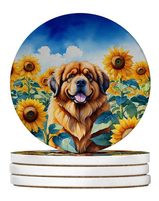 Tibetan Mastiff In Sunflowers Large Sandstone Coasters Pack Of 4 Absorbent Round Coasters Decor Gifts For Men Or Women, 4 In, Multicolor_maomaolike.com