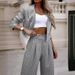 Women's Clothing temperament casual striped short lapel suit straight pants suit_maomaolike.com