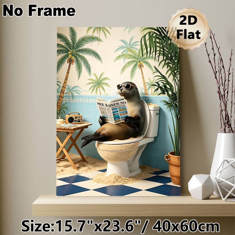 Humorous Beach Sea Lion Painting Poster, Whimsical Tropical Scene Poster, Funny Sea Lion In Sunglasses Reading Newspaper On Toilet, Lighthearted_maomaolike.com