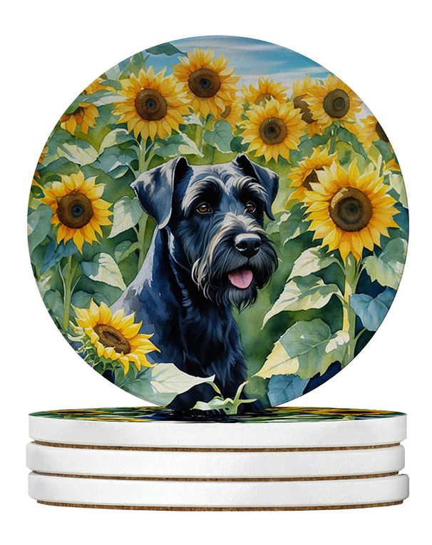 Giant Schnauzer In Sunflowers Large Sandstone Coasters Pack Of 4 Absorbent Round Coasters Decor Gifts For Men Or Women, 4 In, Multicolor_maomaolike.com