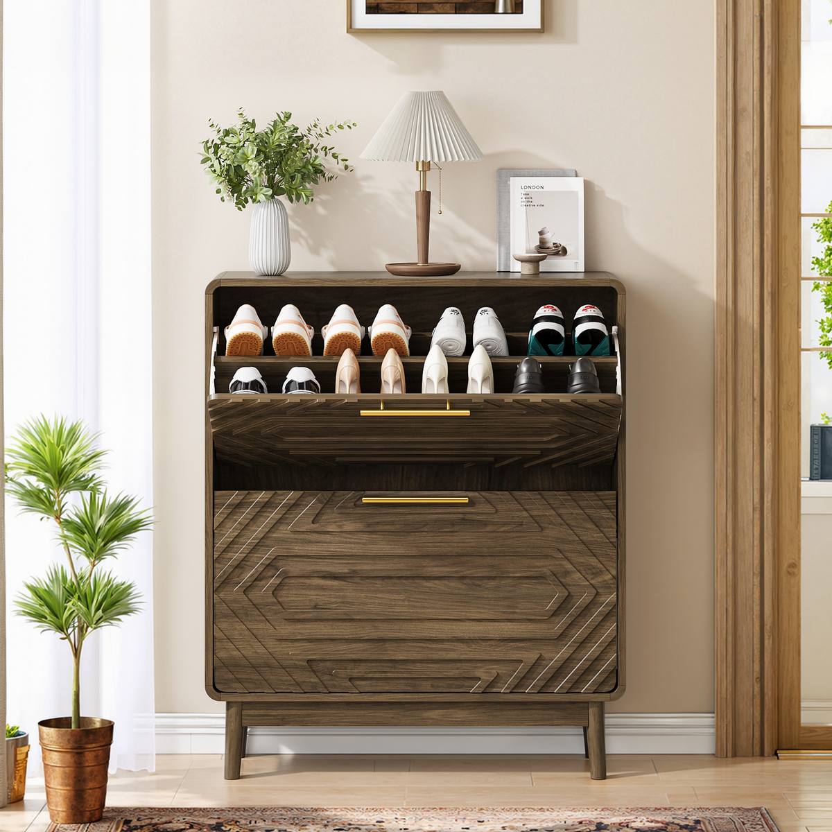 31.5 Walnut Shoe Cabinet, Mid-Century Modern Freestanding Shoe Cabinet, Freestanding Organizer With 2 Flip-Top Drawers, Suitable For Entry, Hallway And Foyer_maomaolike.com