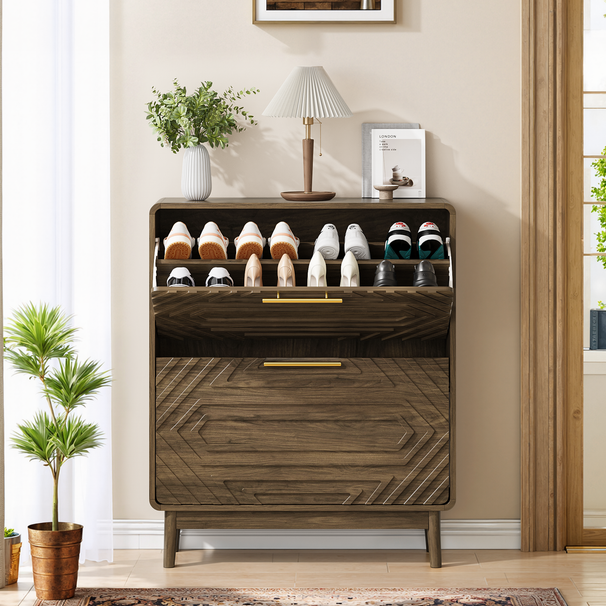 31.5 Walnut Shoe Cabinet, Mid-Century Modern Freestanding Shoe Cabinet, Freestanding Organizer With 2 Flip-Top Drawers, Suitable For Entry, Hallway And Foyer_maomaolike.com