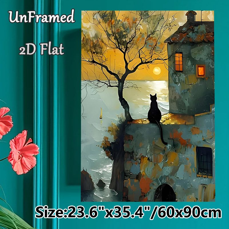 Coastal Cottage & Black Cat Painting Poster, Warm-toned Impressionist-style Poster, Tranquil Seaside Scene With A Black Cat Perched On Cottage Wall_maomaolike.com