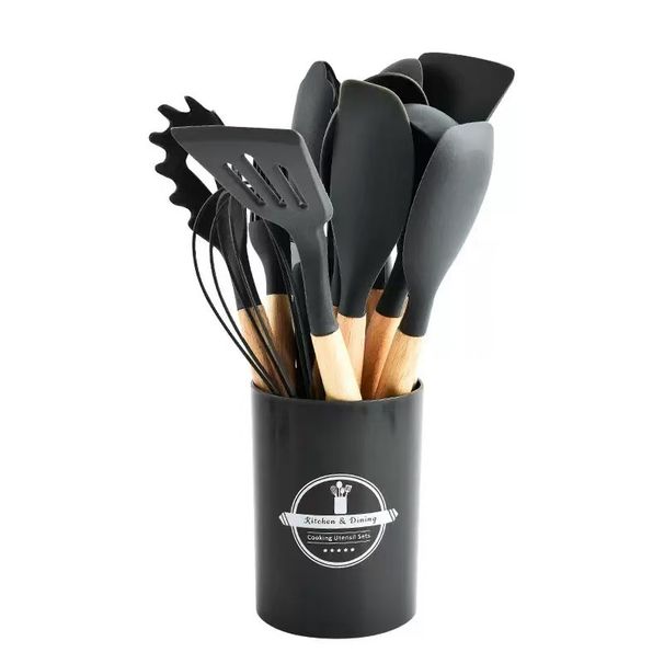 12-Piece Kitchen Utensils With Wooden Handles, Non-Stick Cooking Spatula, High-Temperature Resistant Silicone_maomaolike.com