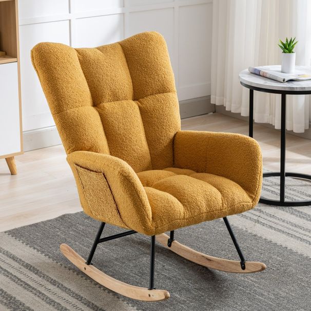 Rocking Chair With Pocket, Soft Teddy Fabric Rocking Chair For Nursery, Comfy Wingback Golider Rocking Chair With Safe Solid Wood Base For Living Room Bedroom Balcony(Turmeric)_maomaolike.com