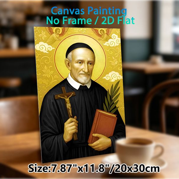 Catholic Saint Religious Painting Poster, Gilded Traditional Icon-style Poster, Reverent Religious Artwork With Saint, Cross, Book And Angel Elements_maomaolike.com