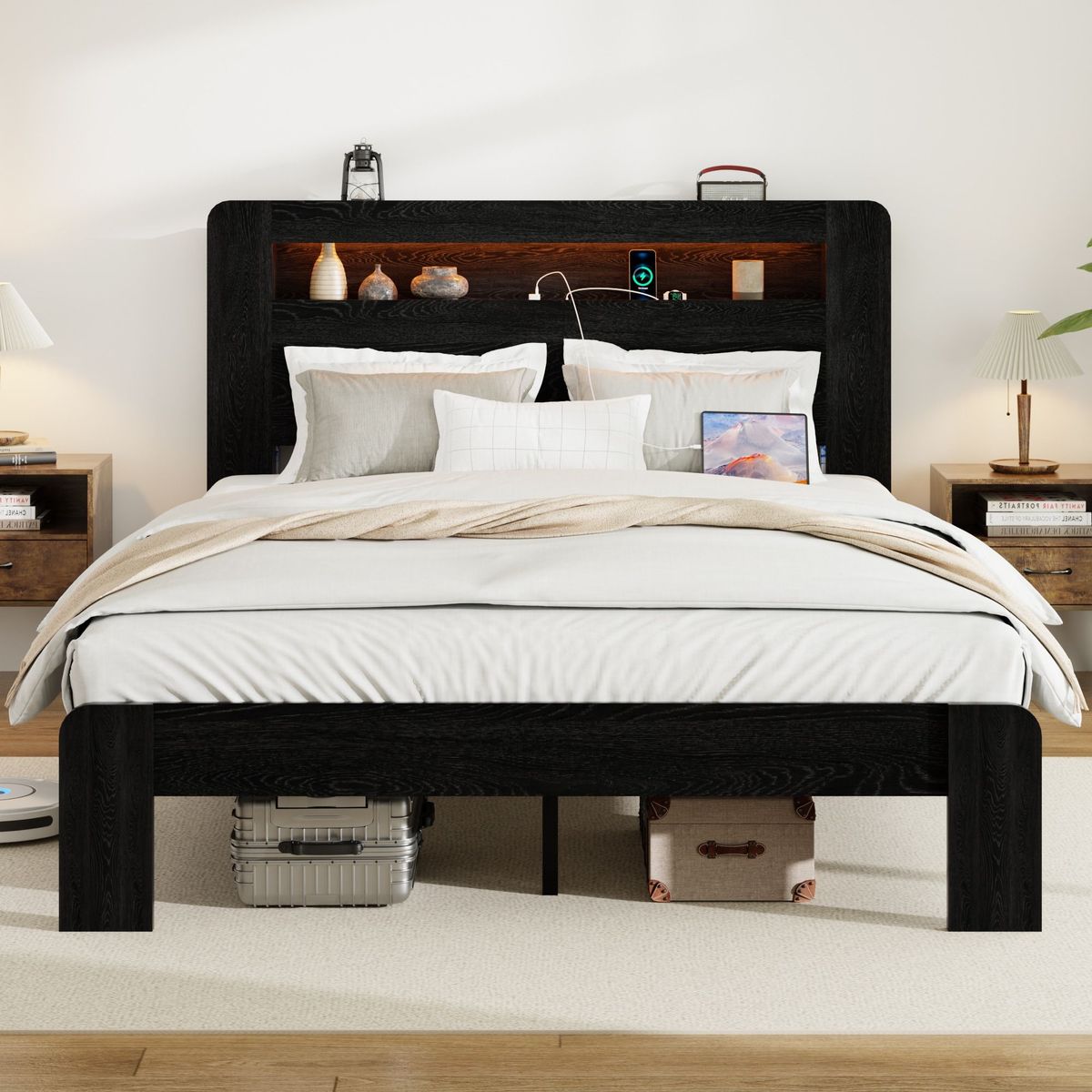 Bed Frame Queen Size, Wood Platform Bed Frame With Storage LED Light Headboard And 2 USB , Noise Free,No Box Spring Needed And Easy Assembly Tool,Large Under Bed Storage,Dark Black_maomaolike.com