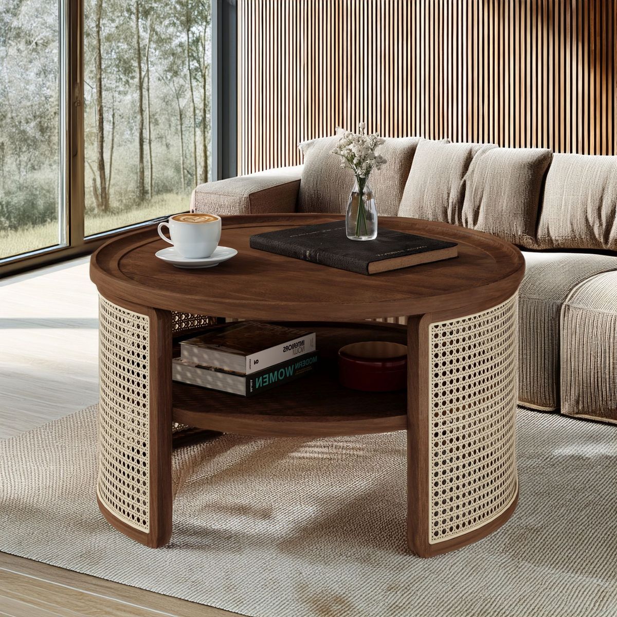 2-Tiered Round Wood Coffee Table With Storage Rattan Base In 31.3''_maomaolike.com