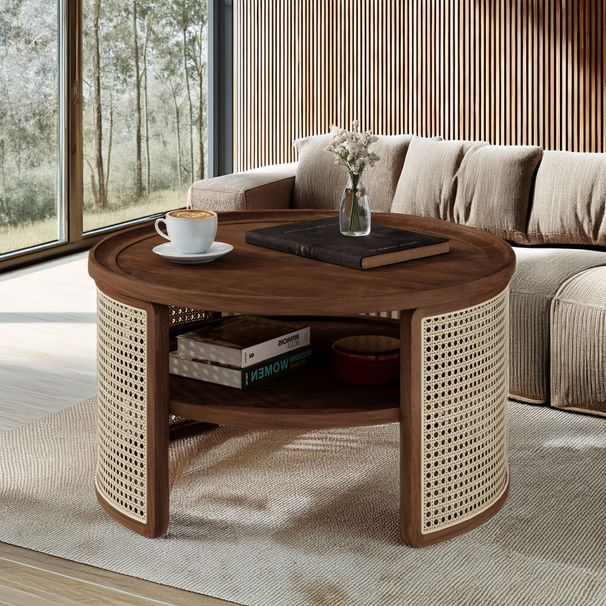 2-Tiered Round Wood Coffee Table With Storage Rattan Base In 31.3''_maomaolike.com