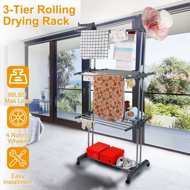 Clothes Drying Rack Rolling Collapsible Laundry Dryer Hanger Stand Rail Shelve Wardrobe Clothing Drying Racks W/ Dual Side Wings_maomaolike.com