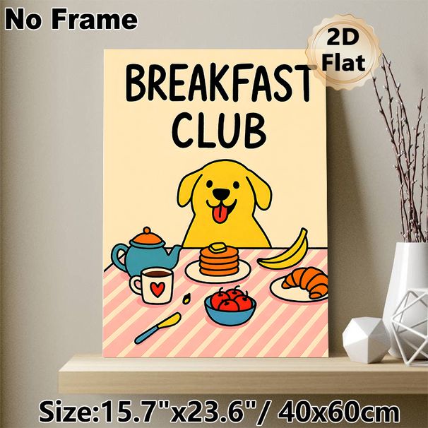Breakfast Club Puppy Painting Poster, Cute Cartoon Style Poster, Cheerful Pup With Assorted Breakfast Treats, Warm Lively Decor Option For Kitchen And_maomaolike.com