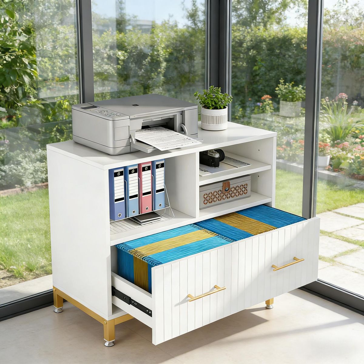 File Cabinet Printer Stand With Drawer & Open Storage Spaces_maomaolike.com