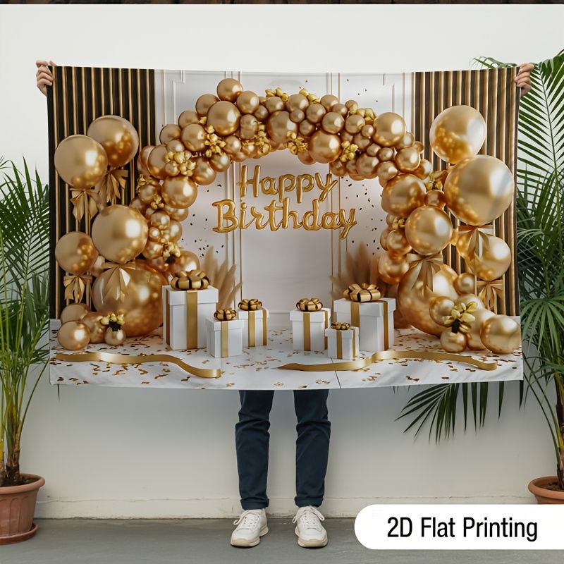 Happy Birthday Party Banner - 2D Flat Polyester Backdrop With Golden White Balloons, Big Bow, Wall Hanging Photo Props, Party Decor_maomaolike.com