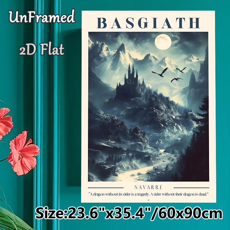 Basgiath Castle Fantasy Painting Poster, Mysterious Moonlit Mountain & Dragon Scene Poster, Atmospheric Fantasy Artwork For Bedroom, Living Room Wall_maomaolike.com