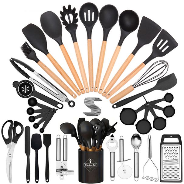 Hot Sale Silicone Wooden Handle Kitchenware 44-Piece Cooking Spatula Soup Spoon Non-Stick Pan Tableware Kitchen Tool Set_maomaolike.com
