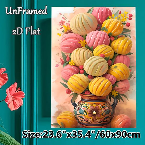 Pastel Pumpkin Bouquet Painting Poster, Soft-toned Watercolor Style Poster, Vibrant Striped Pumpkins In Ornate Floral Vase, Warm Cozy Decor For Living_maomaolike.com