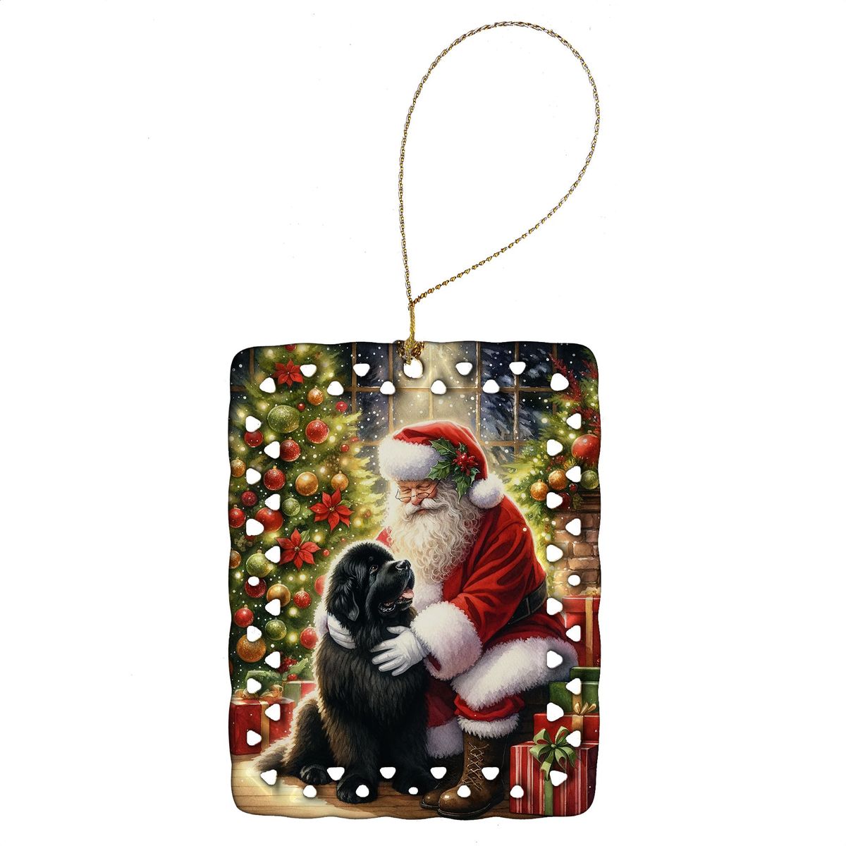 Newfoundland And Santa Claus Porcelain Ornament Christmas Tree Hanging Decorations For Home Christmas Holiday, Rectangle, Gift, Multicolor_maomaolike.com
