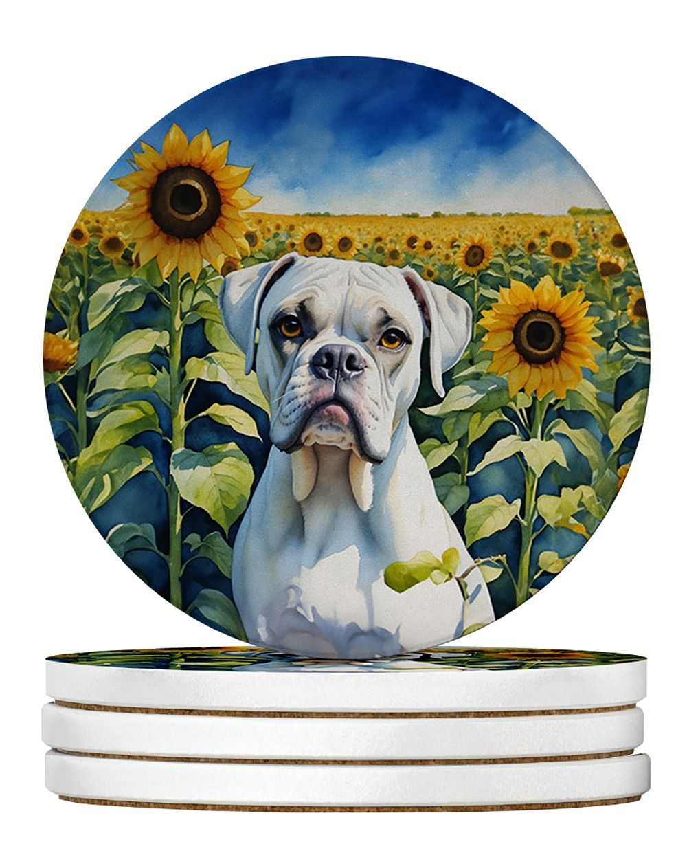 Boxer In Sunflowers Large Sandstone Coasters Pack Of 4 Absorbent Round Coasters Decor Gifts For Men Or Women, 4 In, Multicolor_maomaolike.com