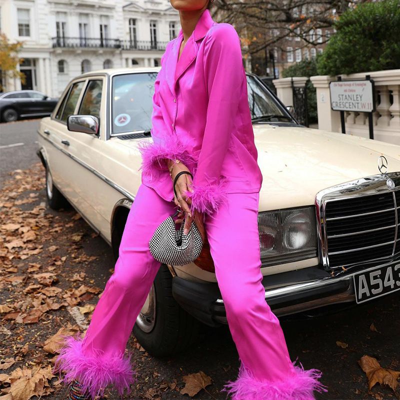 Women's Clothing Spring New Style Temperament Sexy Suit Collar Top Casual Straight Pants Satin Two piece Set_maomaolike.com