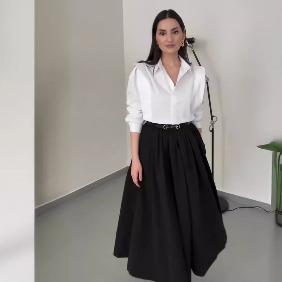 Women's Clothing all match solid color shirt high waist large swing skirt two piece suit_maomaolike.com