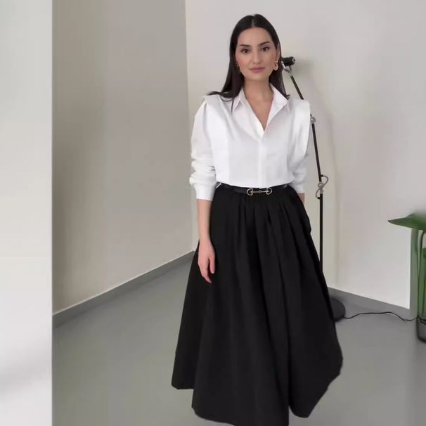 Women's Clothing all match solid color shirt high waist large swing skirt two piece suit_maomaolike.com
