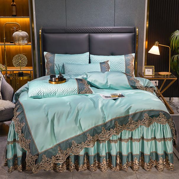 European Style Light Luxury Ice Silk Quilted Bed Skirt Four-Piece Set Satin Duvet Cover Bedspread Silky Lace Trim Bedding_maomaolike.com