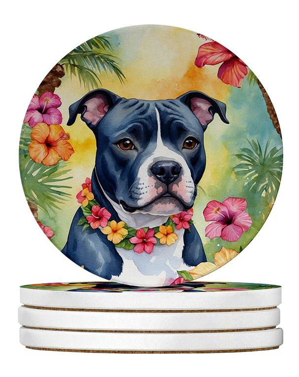 Staffordshire Bull Terrier Luau Large Sandstone Coasters Pack Of 4 Absorbent Round Coasters Decor Gifts For Men Or Women, 4 In, Multicolor_maomaolike.com