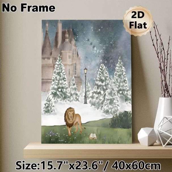 Winter Castle & Lion Themed Painting Poster, Soft Watercolor Fantasy Scene Poster, Whimsical Snowy Castle With Lion, Street Lamp And Open Book Design_maomaolike.com