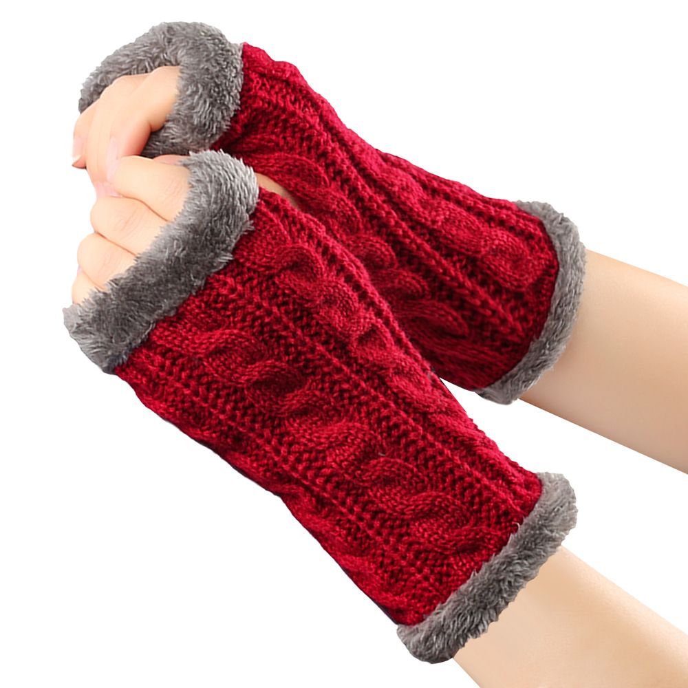Unisex Fleece gloves Knitted figure-eight twist fingerless gloves Short warm cuff with fleece gloves_maomaolike.com