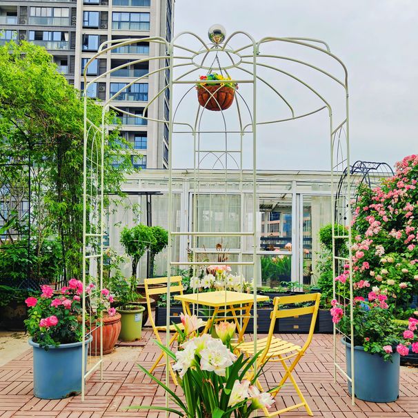 Metal Garden Arch Iron Garden Arbors Gazebo Dia 81.3'' X 114.2'' High Birdcage Shape Pergola Pavilion For Wedding Ceremony Cream White_maomaolike.com