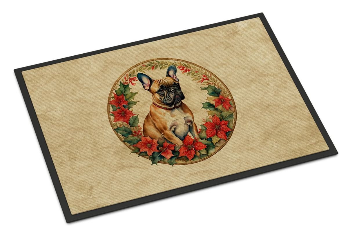 French Bulldog Christmas Flowers Doormat Front Door Mat Indoor Outdoor Rugs For Entryway, Non Slip Washable Low Pile, 24H X 36W_maomaolike.com
