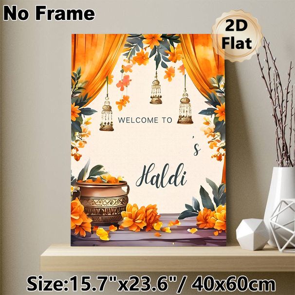Haldi Ceremony Welcome Painting Poster, Warm Orange Floral & Traditional Motif Watercolor Poster, Festive Welcome Decor Ideal For Haldi Ceremony And_maomaolike.com