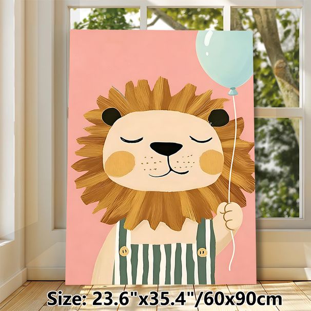 Cartoon Lion Painting Poster, Cute Pastel-toned Cartoon Style Poster, Cheerful Lion In Overalls Holding Balloon, Ideal For Bedroom And Living Room_maomaolike.com