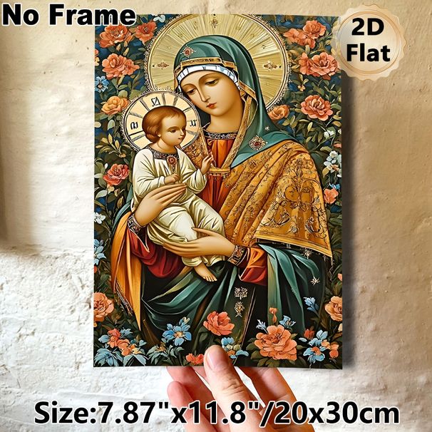 Virgin Mary And Child Religious Painting Poster, Exquisite Traditional Sacred Icon Style Poster, Serene Spiritual Artwork Surrounded By Vivid Florals_maomaolike.com