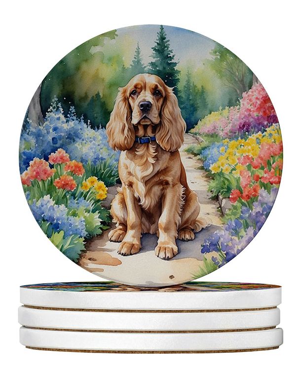 Cocker Spaniel Spring Path Large Sandstone Coasters Pack Of 4 Absorbent Round Coasters Decor Gifts For Men Or Women, 4 In, Multicolor_maomaolike.com
