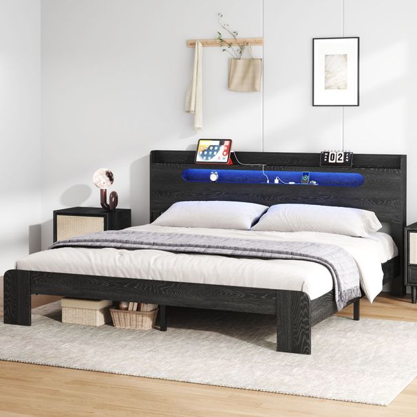 Bed Frame King Size, Wood Platform Bed Frame With Storage LED Light Headboard And 2 USB , Noise Free,No Box Spring Needed And Easy Assembly Tool,Large Under Bed Storage,Black_maomaolike.com