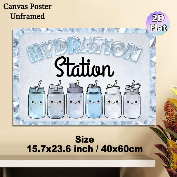 Hydration Station Painting Poster, Cute Cartoon Water Bottles & Ice-textured Lettering Poster, Reminds People To Stay Hydrated, Ideal For Office_maomaolike.com