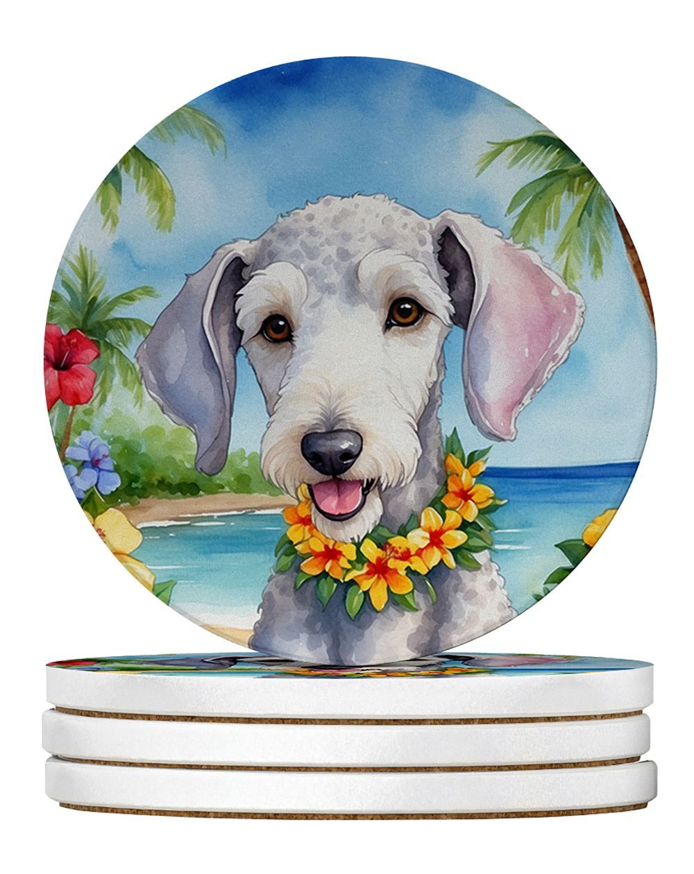 Bedlington Terrier Luau Large Sandstone Coasters Pack Of 4 Absorbent Round Coasters Decor Gifts For Men Or Women, 4 In, Multicolor_maomaolike.com