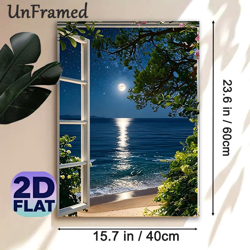 Moonlit Seaside Window View Painting Poster, Serene Realistic Night Ocean Scene Poster, Calming Natural Scenery Ideal For Bedroom, Living Room Wall_maomaolike.com