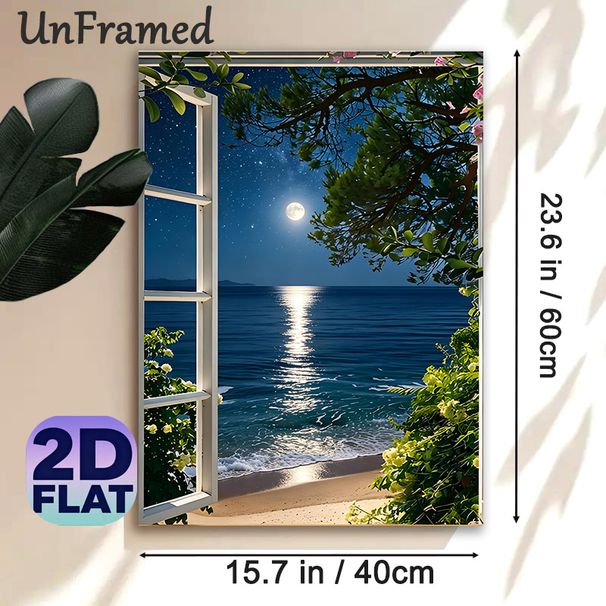 Moonlit Seaside Window View Painting Poster, Serene Realistic Night Ocean Scene Poster, Calming Natural Scenery Ideal For Bedroom, Living Room Wall_maomaolike.com