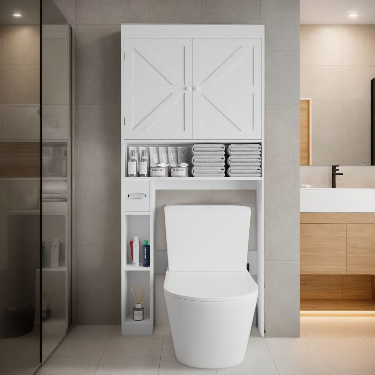Over-The-Toilet Storage Cabinet With 2 Doors, Home Space-Saving Toilet Rack, Farmhouse Style For Bathroom, Restroom, Laundry_maomaolike.com