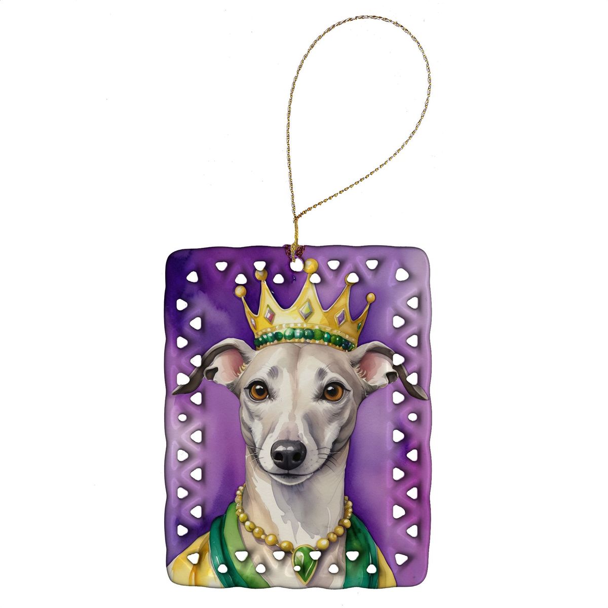 Whippet King Of Mardi Gras Porcelain Ornament Christmas Tree Hanging Decorations For Home Christmas Holiday, Rectangle, Gift, Multicolor_maomaolike.com